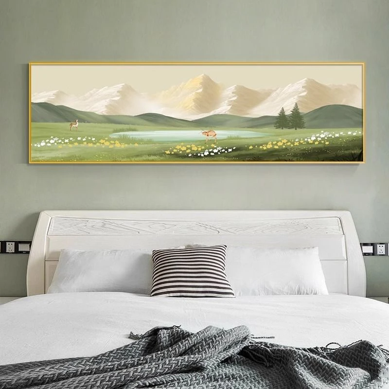 现代轻奢卧室装饰画高级感主卧床头背景墙画挂画绿色流水客厅壁画