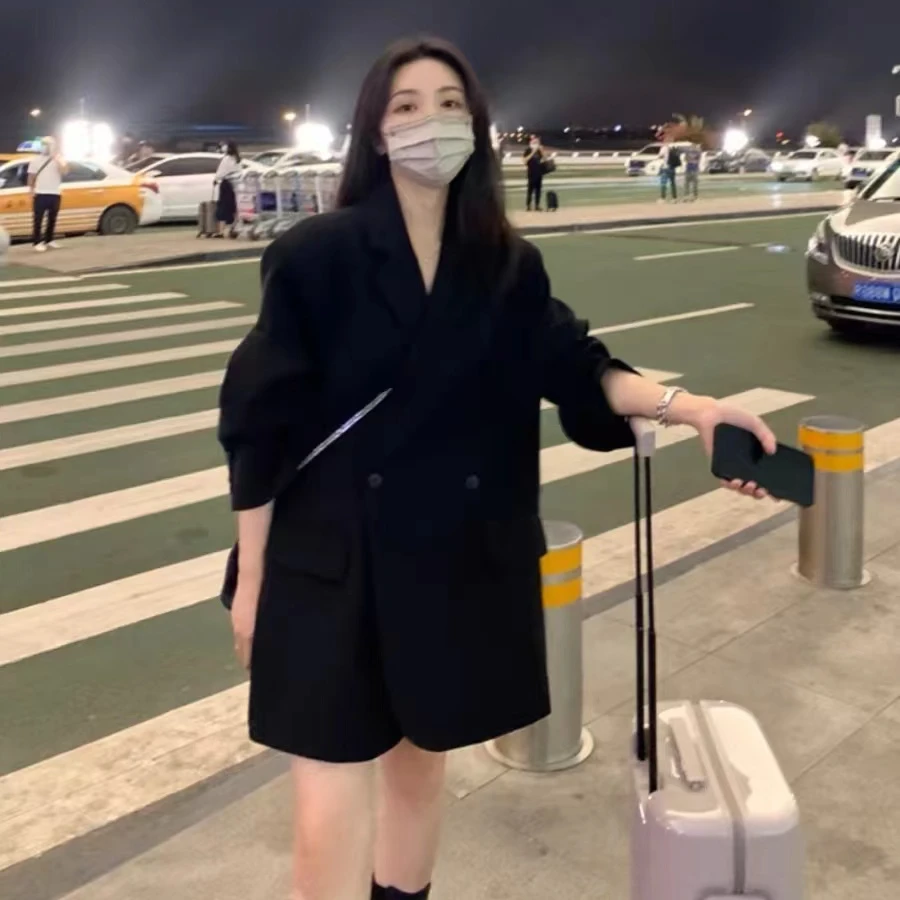 oversize黑色西装外套女高级感2025春秋新款宽松休闲廓形大码西服