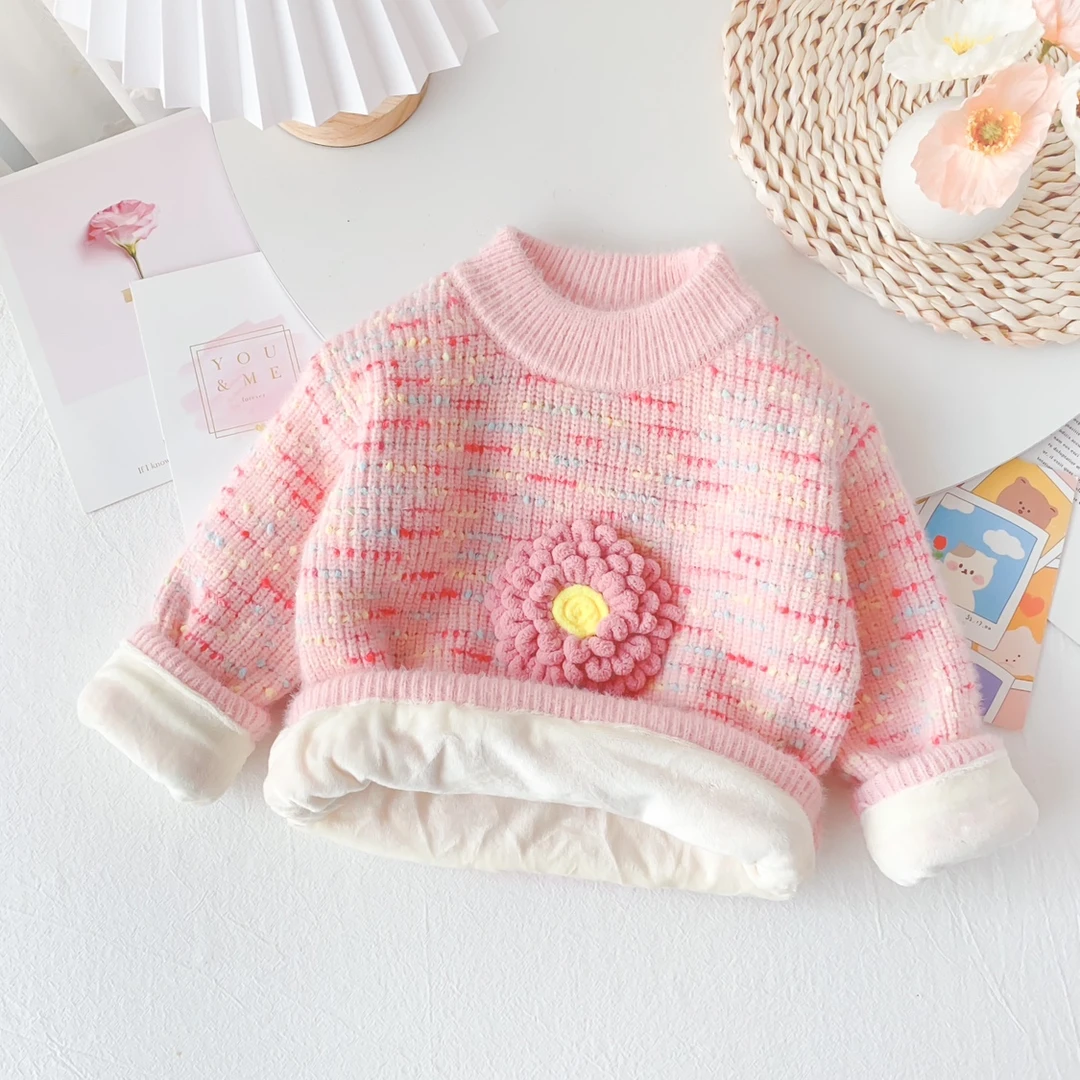 女童毛衣加绒加厚冬装打底衫冬季针织衫内搭儿童手工花水貂绒上衣