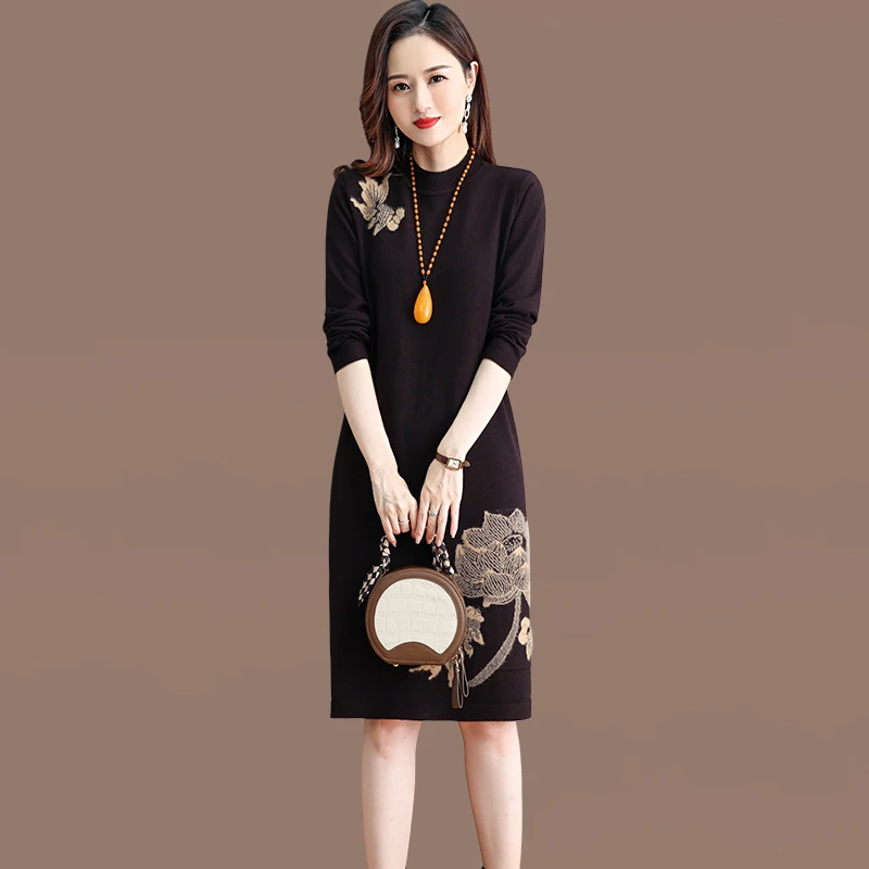 高档针织毛衣长袖连衣裙女士长款秋冬新款提花内搭洋气打底衫裙子