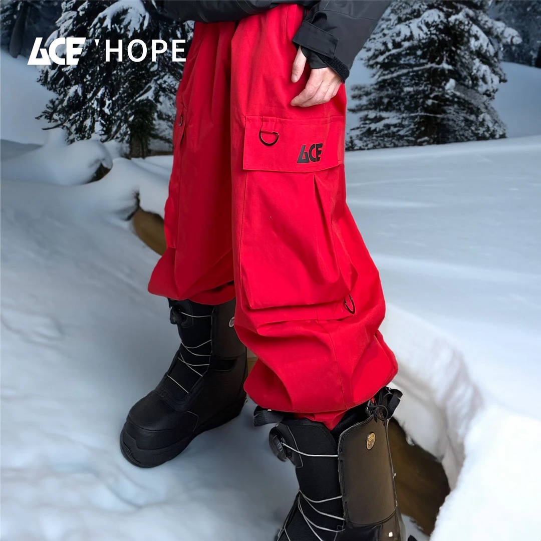 ACE HOPE红色工装单双板滑雪裤防水防风宽松版oversize机能风