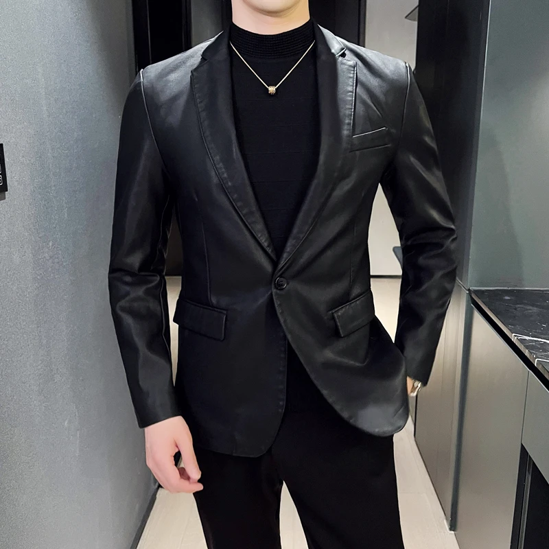 皮衣男小西装外套2024新款秋冬潮流韩版修身西服男装皮夹克上衣