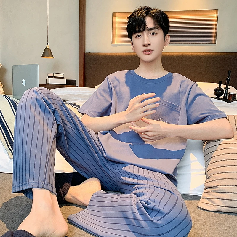 男款夏季短袖长裤圆领套头优质棉休闲家居服