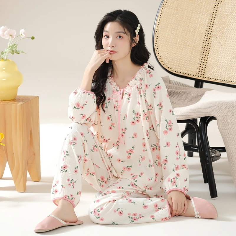 秋季女士长袖长裤棉质套头睡衣少女休闲时尚卡通家居服