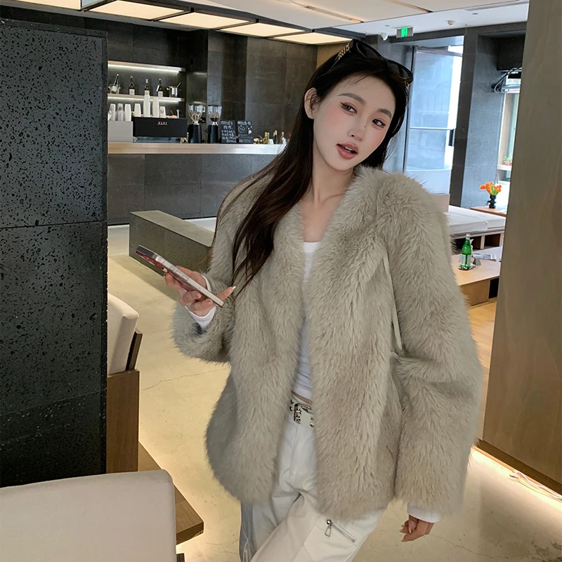 双色仿狐狸毛时尚皮毛一体短外套高级感环保毛毛上衣女秋冬季新款