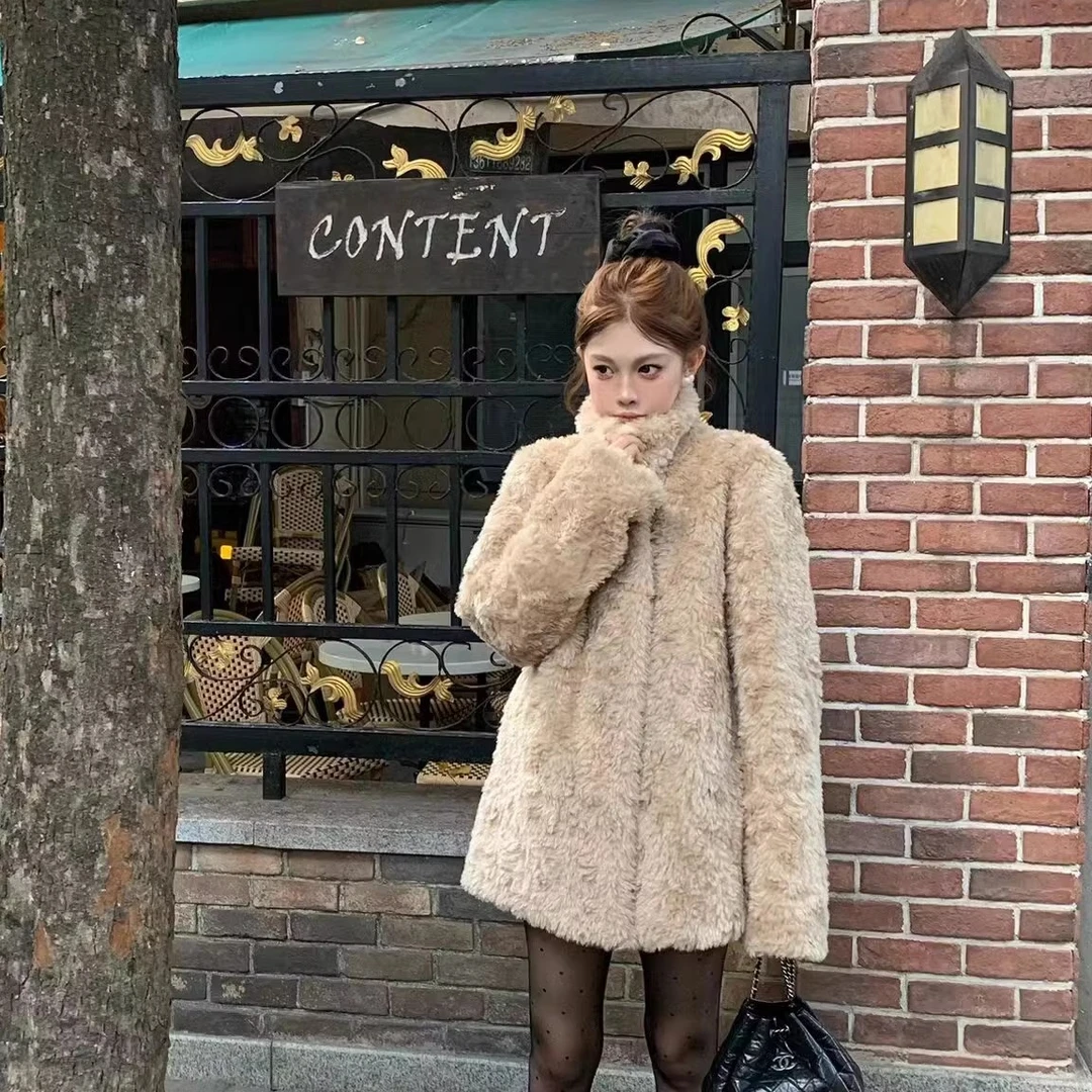 高级感泰迪毛仿皮草环保毛毛立领羊羔毛皮毛一体加厚毛绒外套女冬