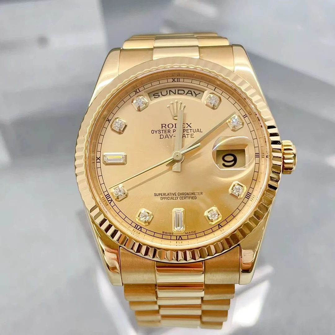 95新 Rolex/劳力士 星期日历型18K黄金原镶钻36表径机械表118238