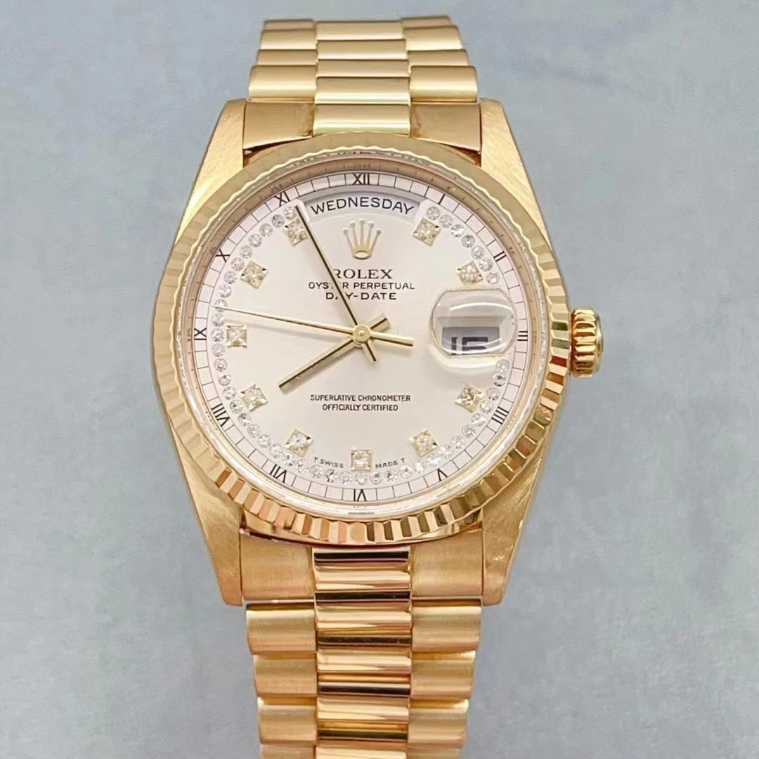 95新 Rolex/劳力士 星期日历型18K黄金雪花盘原镶钻机械腕表18238