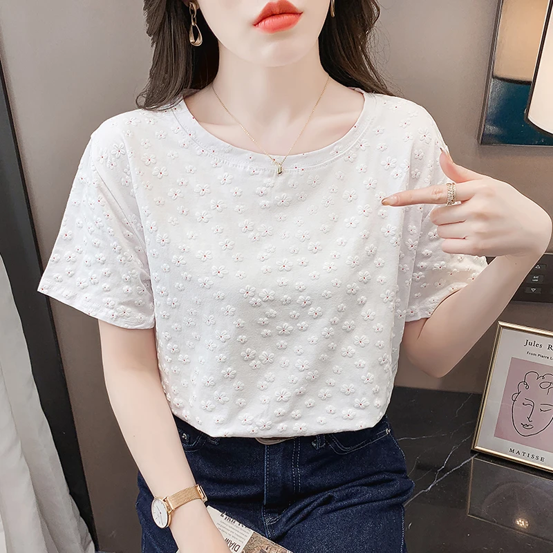 纯夏冰2024年新款短袖t恤女装夏季宽松正肩白色印花体恤圆领上衣