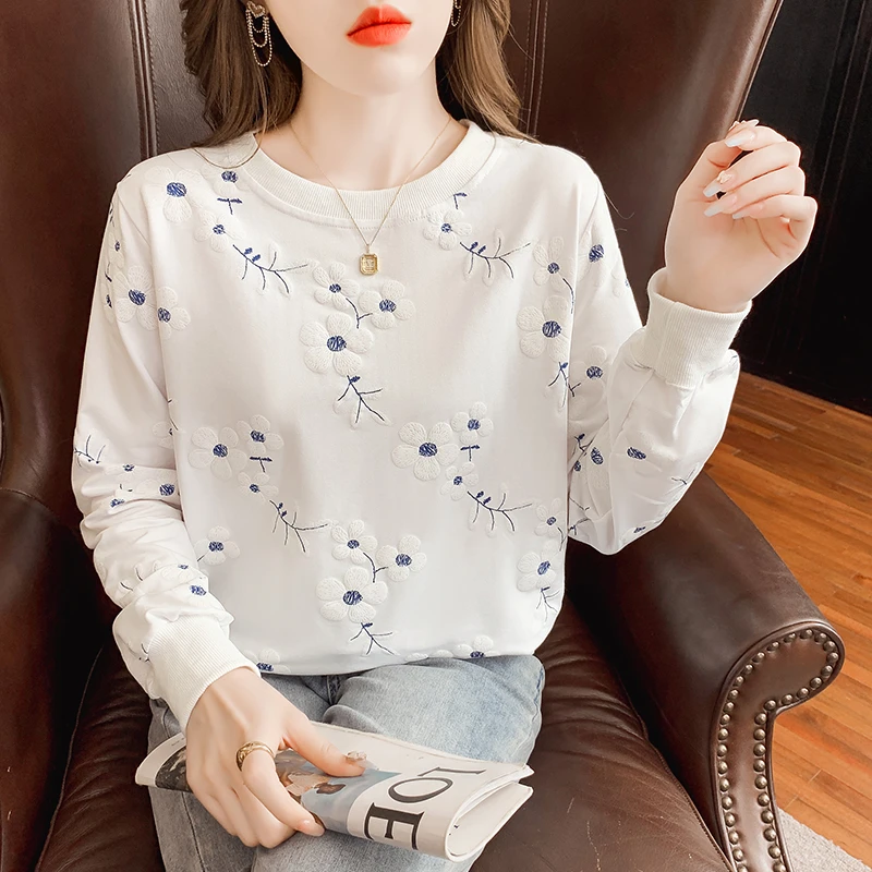 时尚正肩长袖t恤女装春夏2025新款宽松圆领上衣薄款外穿印花卫衣