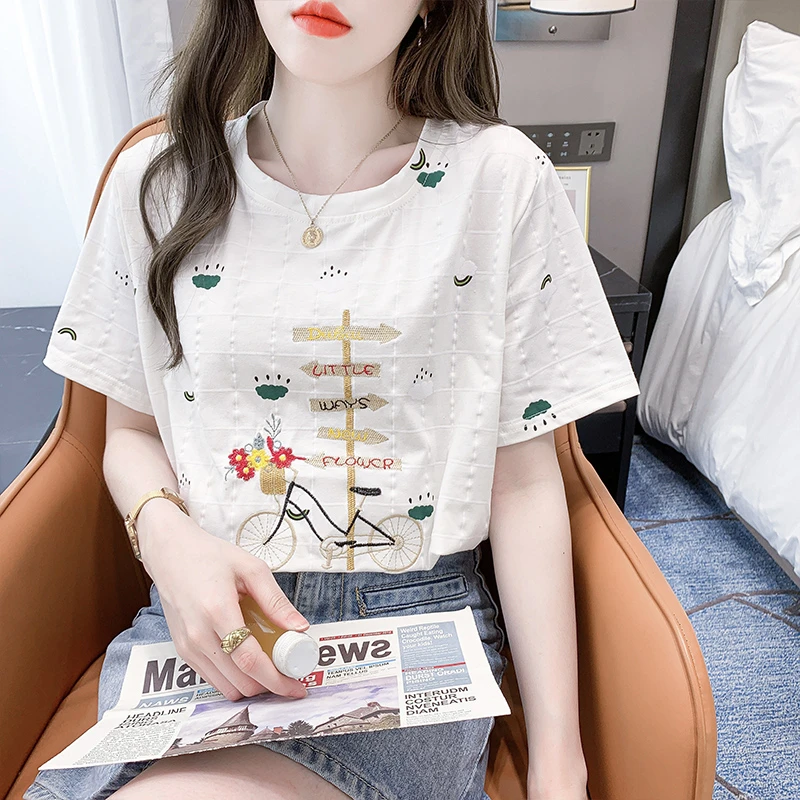 夏季白色短袖t恤女棉质半袖2025新款韩版设计感刺绣印花上衣ins潮