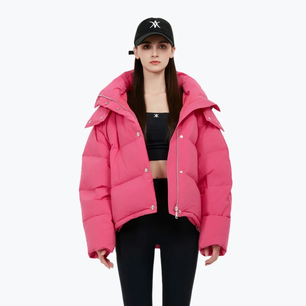 YASTIANO设计师款 秋冬新款中长款玫红撞色90白鸭绒羽绒服