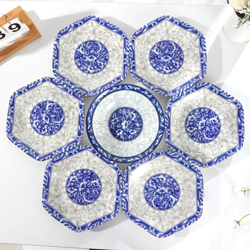 中式青花6只六角盘加8英寸斗碗家用陶瓷餐具组合拼盘套装盘子碗