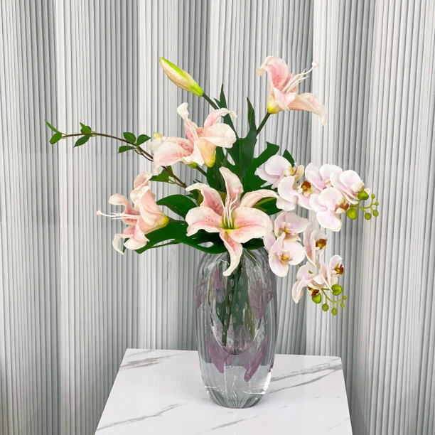 樱花琉璃花瓶手感高逼真百合套装轻奢客厅插花花器玄关摆件高级感