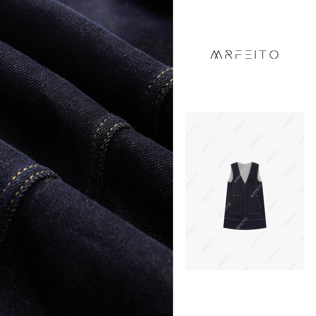 MRFEITO【致爱】秋季港风复古无袖背心牛仔连衣裙H976Q01Q28377