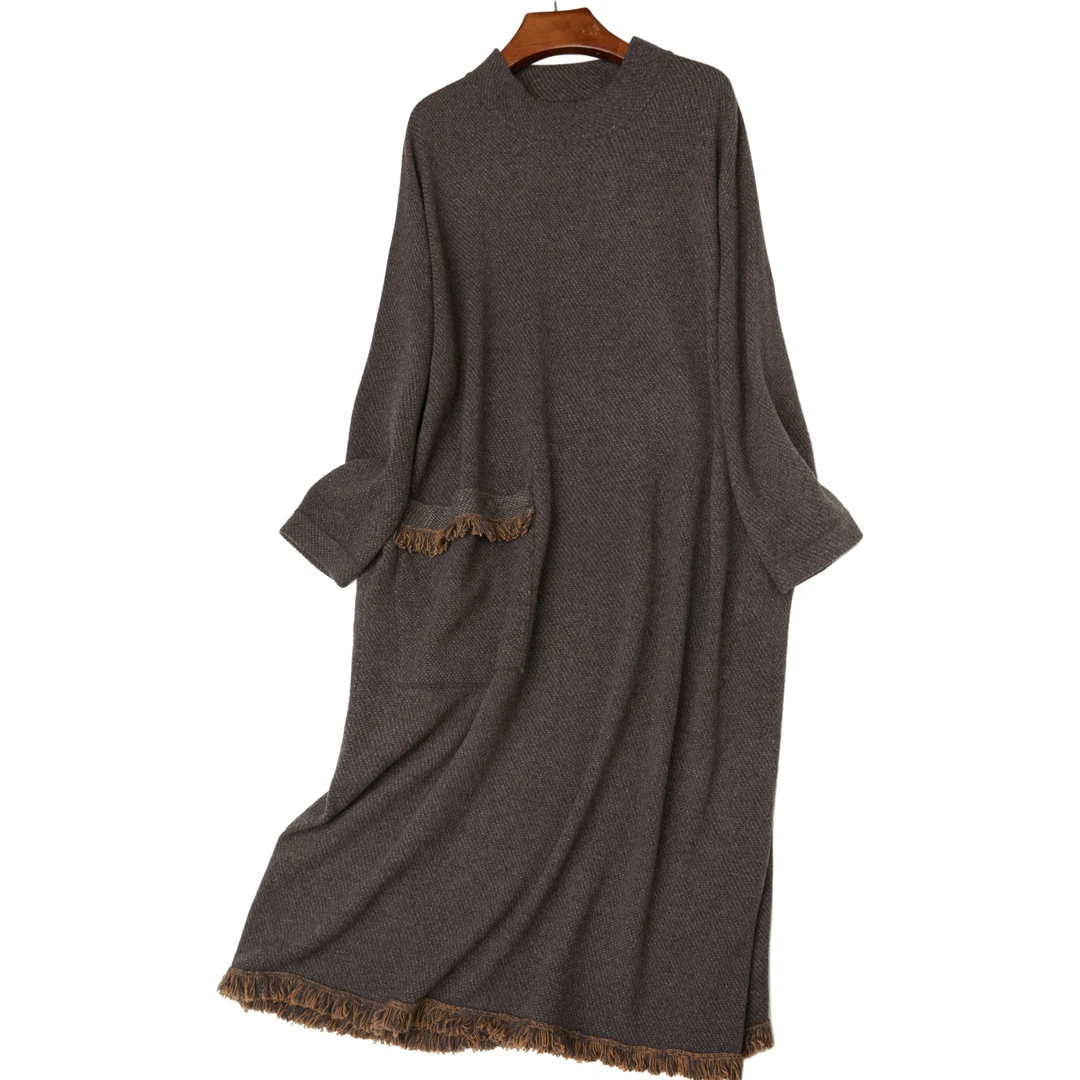 LEMAER乐玛尔 法国客户CASHMERE半高领&毛穗边设计单兜羊绒连衣裙