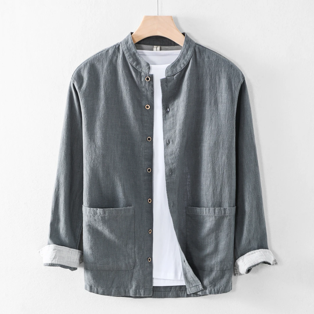 春兴苎麻男士长袖衬衣春夏新中式国风款式衬衫立领休闲文艺薄款