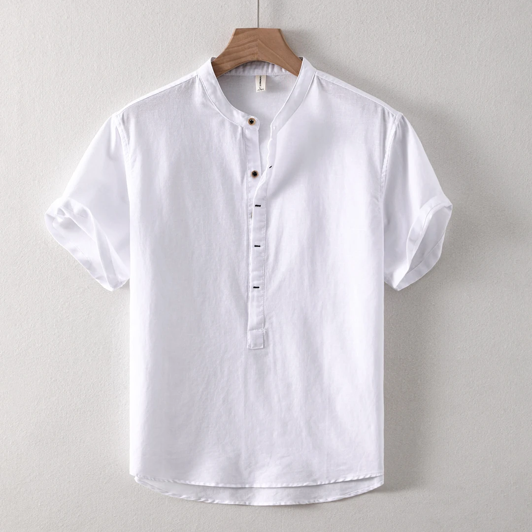 中国风夏季男士亚麻衬衫棉麻上衣短袖立领白色衬衣中式国风套头衫