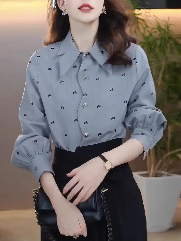 气质小清新蝴蝶结印花衬衫2024秋季新款上衣休闲显瘦设计感网红款