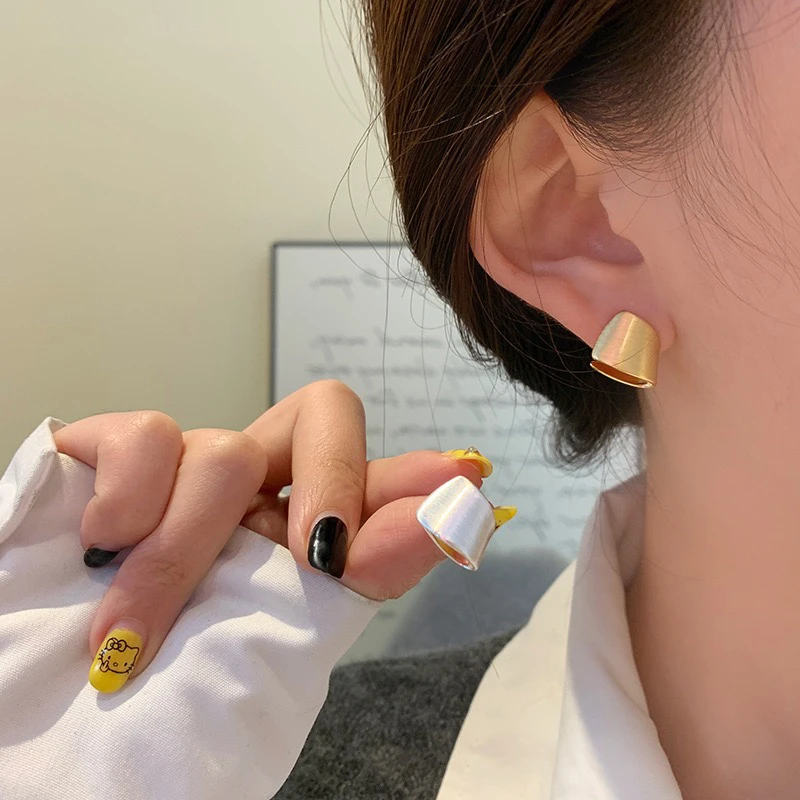 铜合金耳饰 复古拉丝磨砂耳钉纯银小众设计感耳环2024新款爆款女