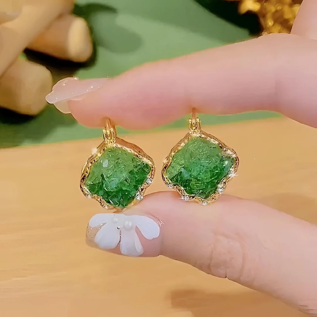 铜合金耳饰 2024年新款夏季绿色方块耳环气质轻奢纯银耳钉耳扣