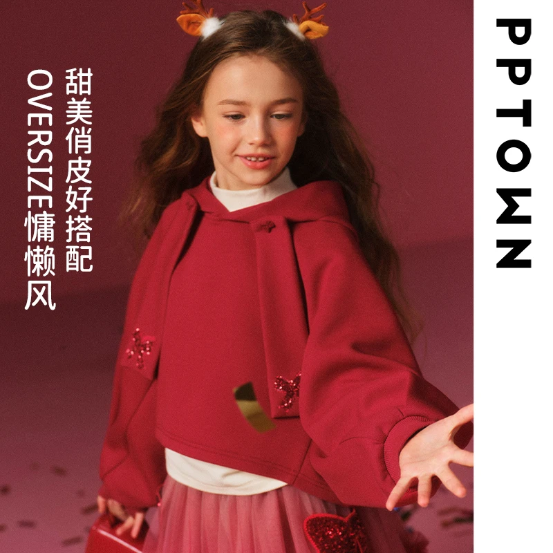 秋冬蝴蝶结女童卫衣红色拜年服洋气连帽儿童卫衣巴巴小镇12618