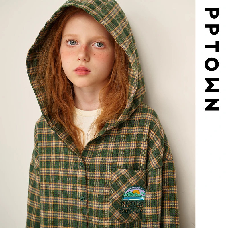 女童格子连帽衬衫外套秋装2024新款儿童长袖洋气中大童衬衣12370