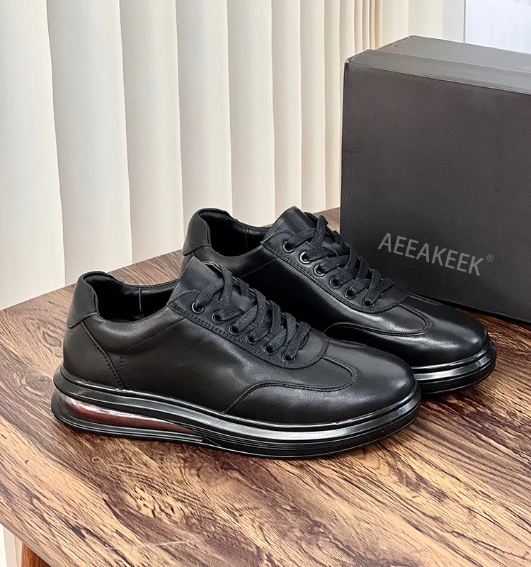 东莞产真皮外贸男鞋头层牛皮系带黑色厚底时尚商务板鞋减震气垫鞋