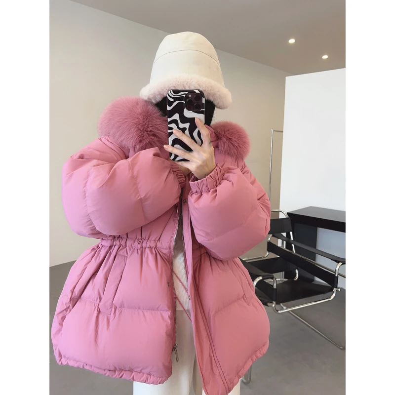 6色 90白鸭绒云朵系列轻盈 银狐狸毛领 抽绳连帽女式雾面羽绒服