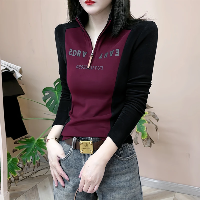 半新款拉链撞色长袖显瘦t恤女士2025秋冬季洋气修身高领上衣潮牌