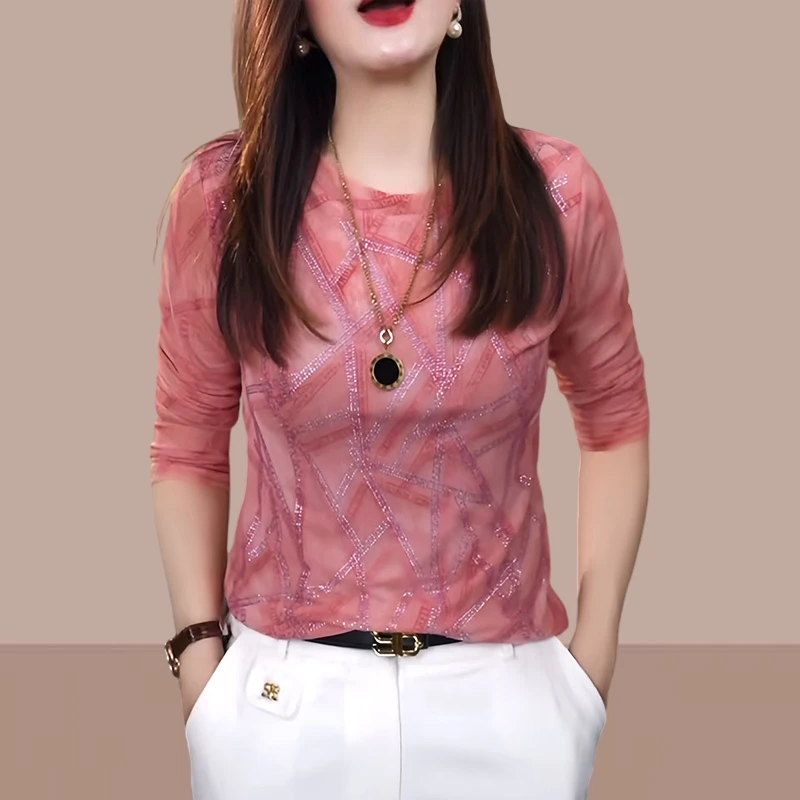 秋季粉色烫钻亮片印花修身打底衫t恤女2025新款洋气时尚长袖上衣
