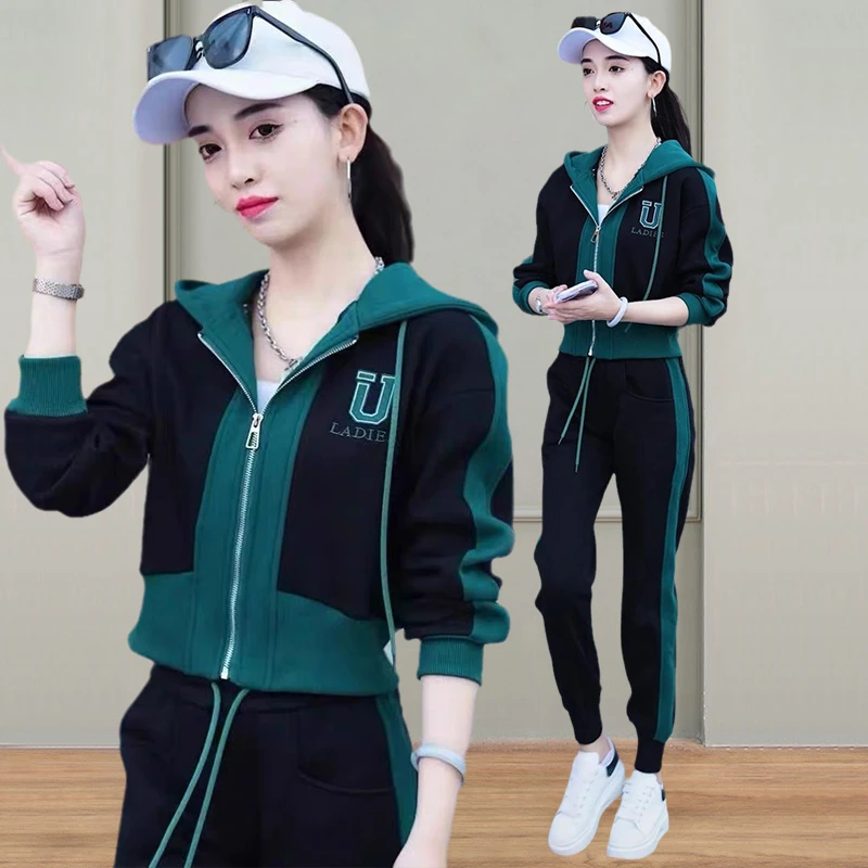 棉休闲时尚外套长裤两件套2025冬季洋气加绒加厚连帽卫衣长裤套装