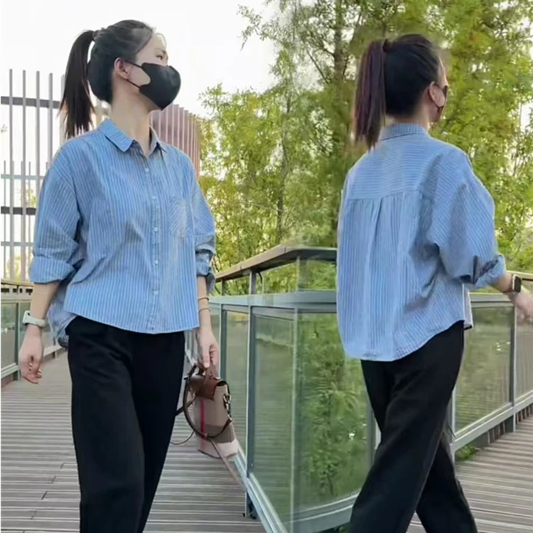 早秋新款长袖蓝色条纹衬衫外套女衬衣百搭黑色裤子气质上衣套装女