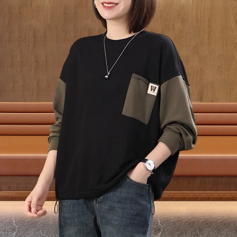 宽松显瘦长袖上衣女2025秋季设计感印花体恤衫休闲慵懒风妈妈卫衣