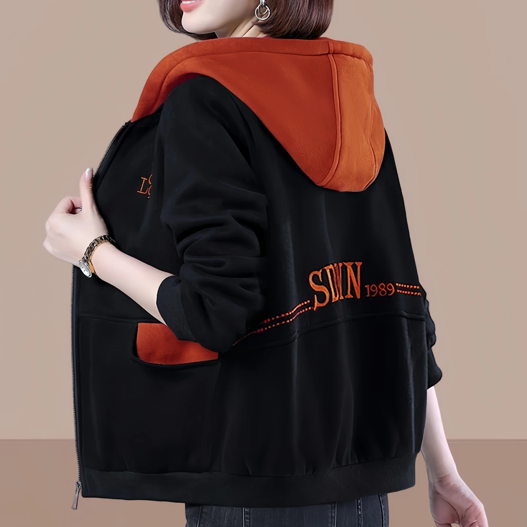 春季新款连帽开衫卫衣女简约时尚休闲大码妈妈装百搭外套夹克衫女