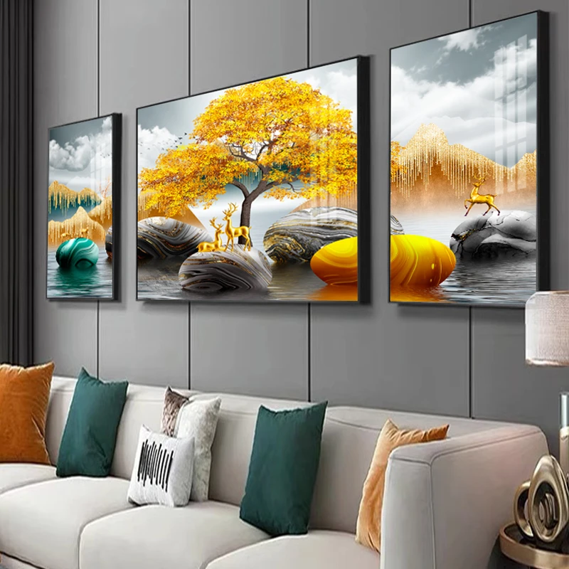 大白墙客厅三联画沙发背景挂画多联壁画福鹿高档装饰画免打孔安装