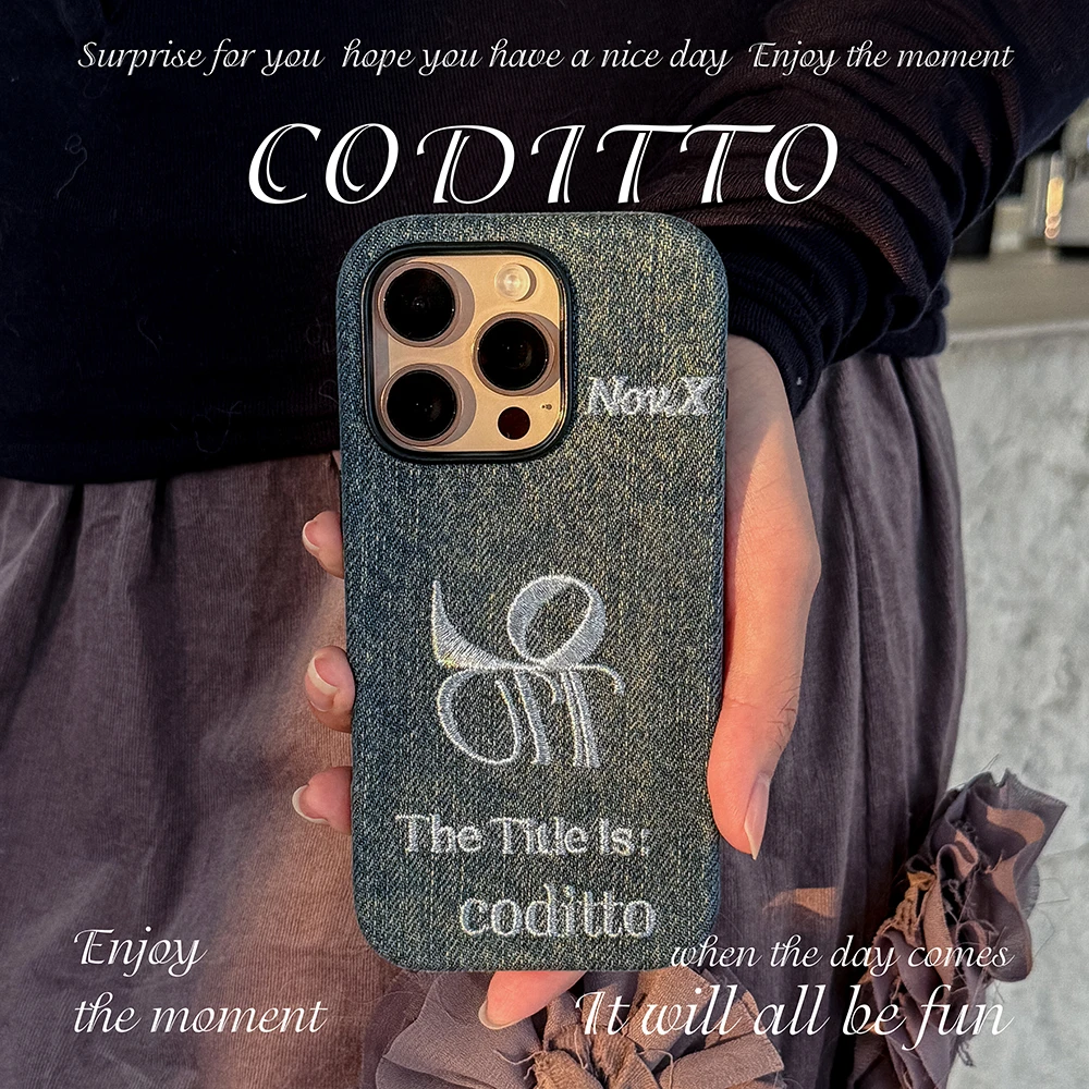 原创刺绣牛仔布手机壳适用苹果16 15 14promax韩风高级感小众软壳