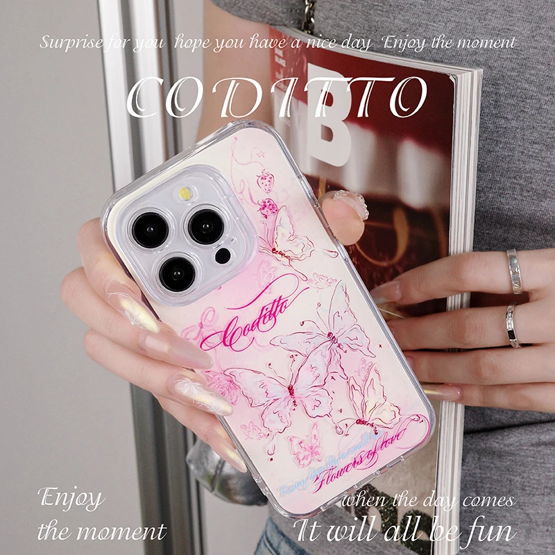 彩蝶花丛双层适用苹果15pro手机壳可爱少女心14promax创意新款ins