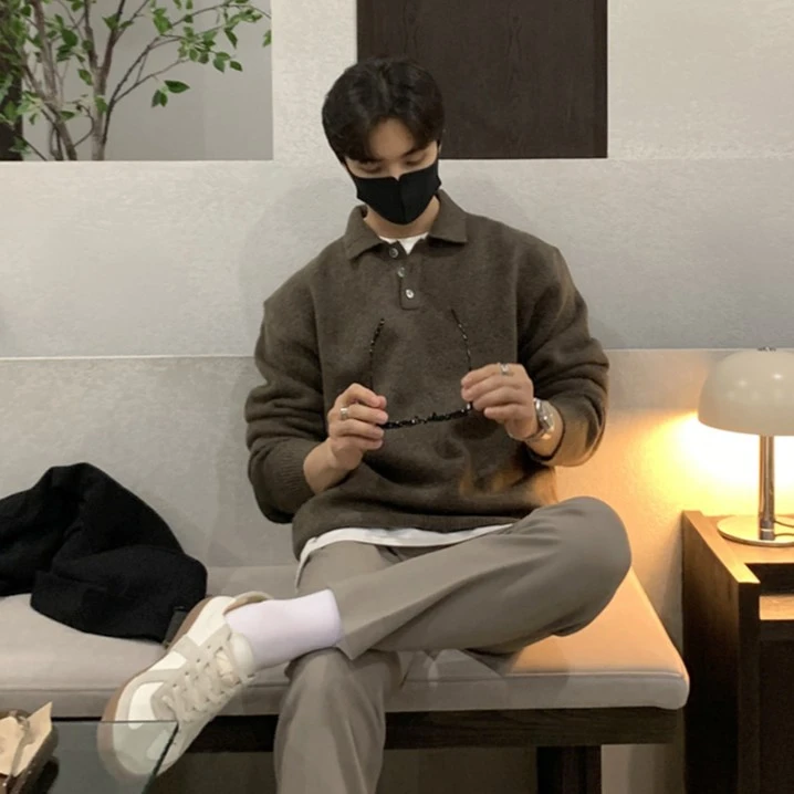 韩版休闲简约纽扣翻领毛衣男秋季潮流时尚宽松百搭POLO领针织上衣