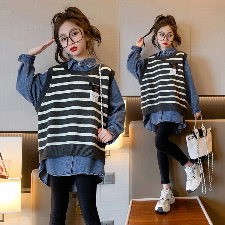 儿童牛仔衬衫秋款2024新款6-15岁女孩时尚休闲条纹马甲上衣中大童