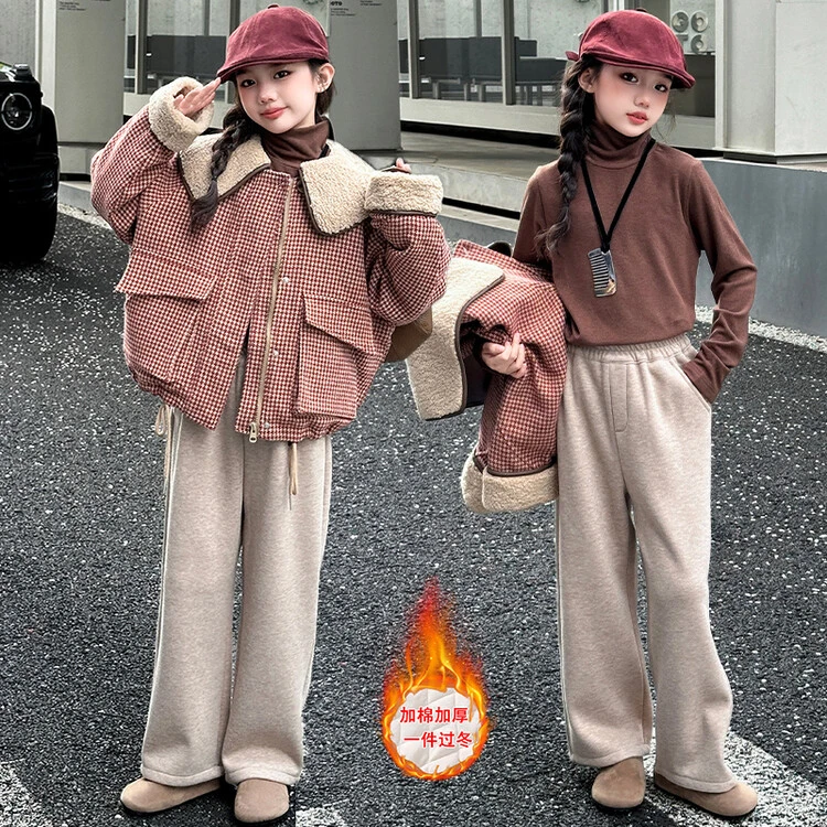 女童外套2024新款洋气大童加厚呢子儿童冬季千鸟格毛呢大衣三件套