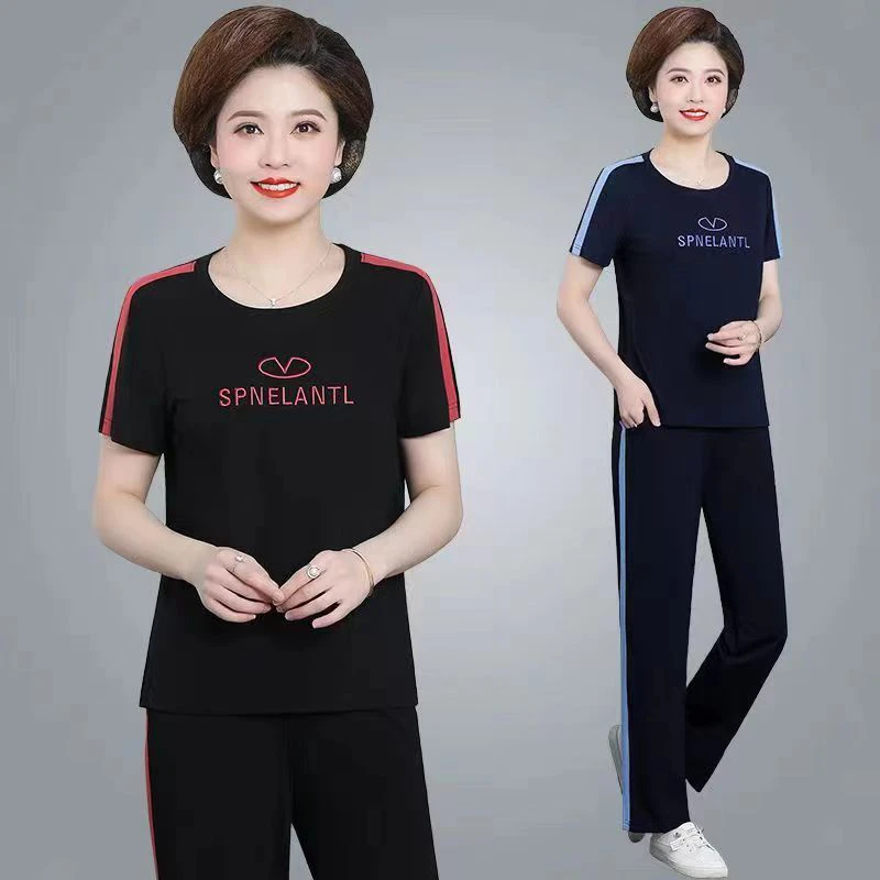 中年时尚洋气妈妈装夏装两件套中老年夏季新款短袖休闲运动服套装