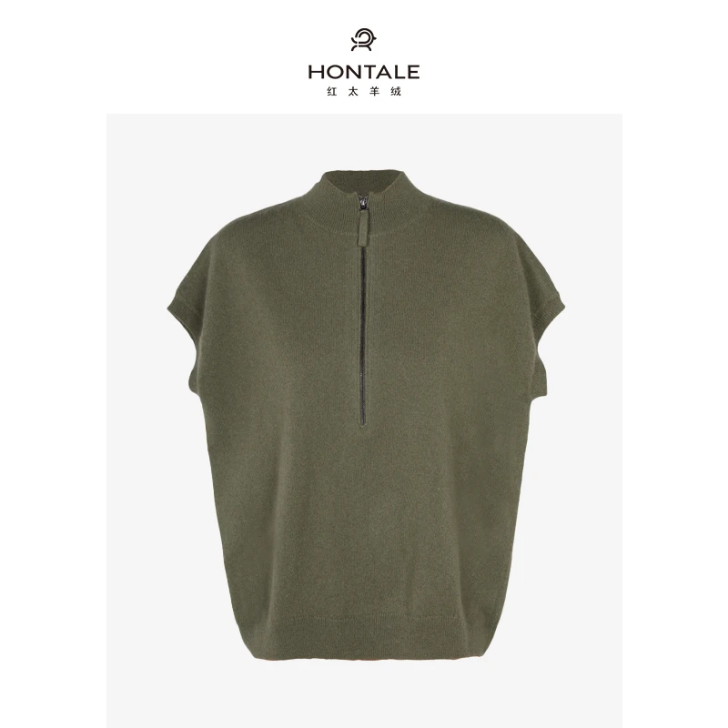 红太【100山羊绒】时尚简约薄款宽松圆领半高领无袖女衫111WX030