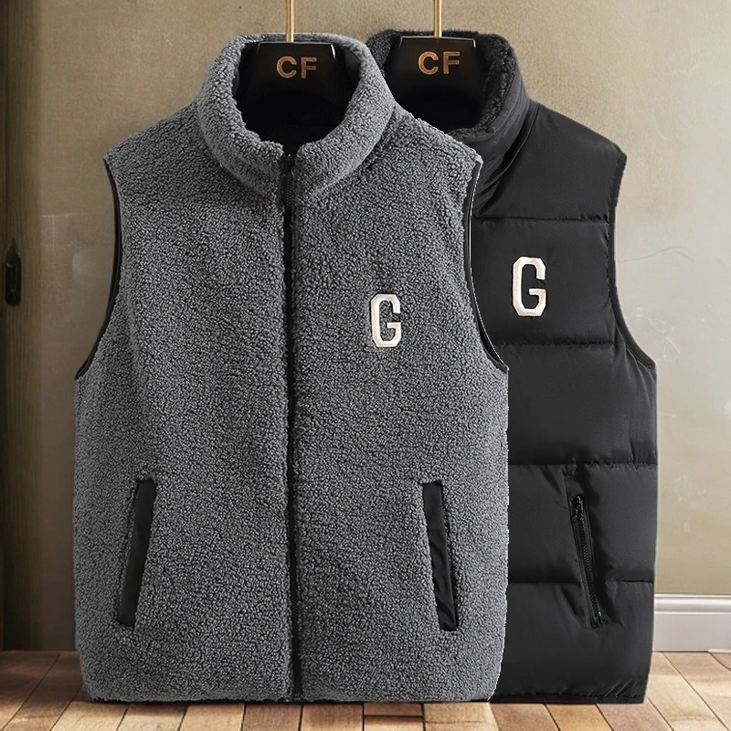 秋冬款男生双面穿羊羔毛马甲大码无帽保暖背心加厚学生坎肩外套男