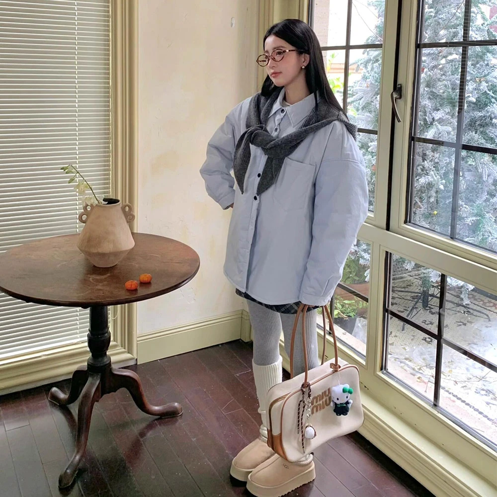 奶油蓝学院风衬衫领棉服棉衣秋冬外套女装网红款软糯休闲宽松上衣