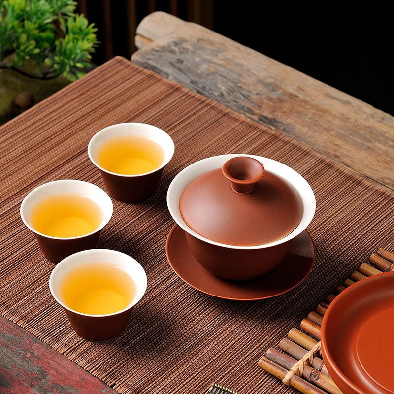 潮州朱泥茶具套装中式紫砂纯色潮汕功夫茶具茶杯陶瓷盖碗三才碗