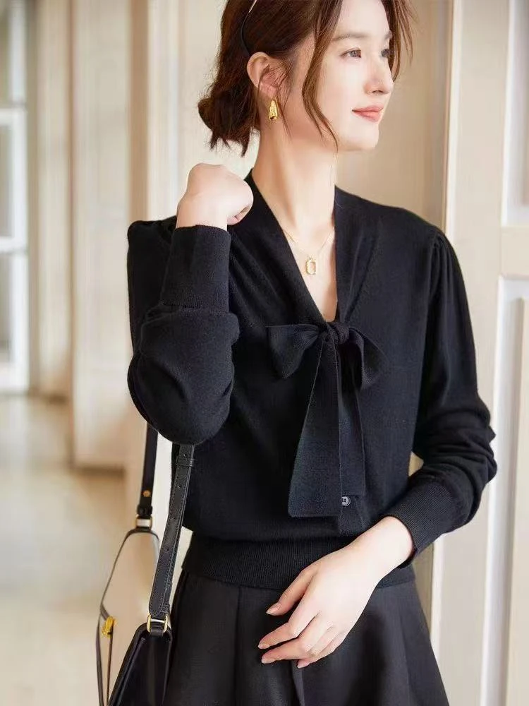 A005法式蝴蝶结大飘带知性优雅时尚设计感毛衣