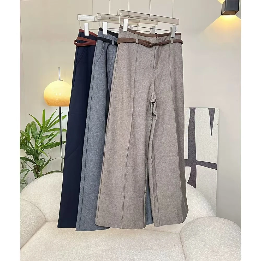 186秋通勤厚西装裤系带长裤阔版直筒裤内绒面休闲裤