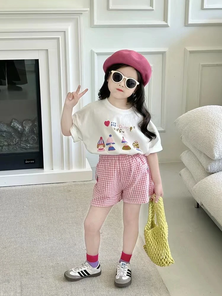 女宝夏季童装2024新款女童套装洋气圆领T恤短袖儿童格子短裤两件