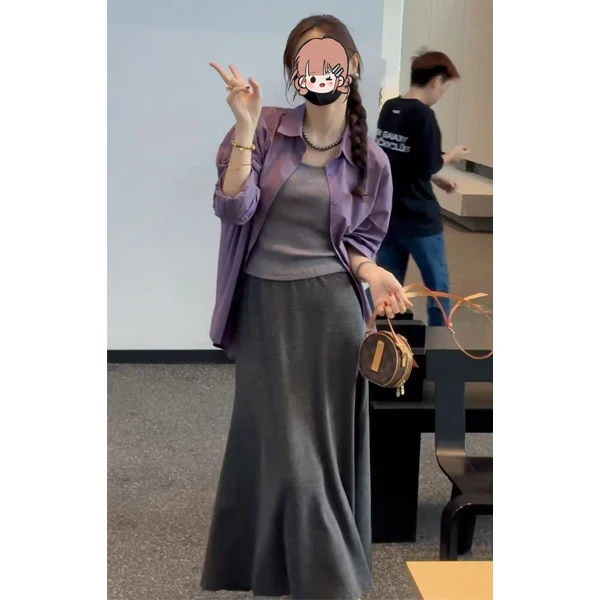 法式时尚高级感套装女长袖衬衫吊带背心半身裙三件套2024秋季